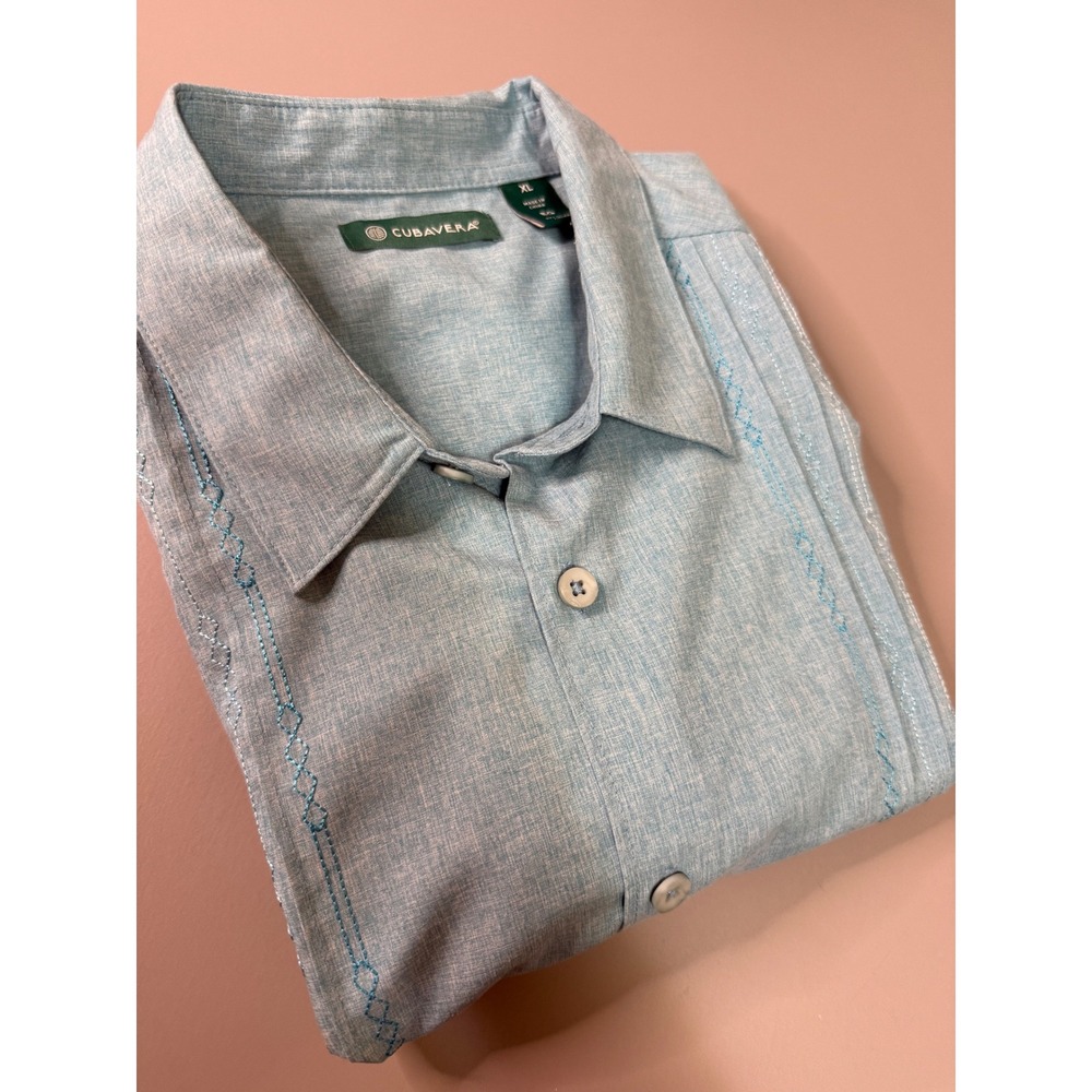 Cubavera Mens XL Light Blue Guayabera Short Sleeve Linen Blend Button Down Shirt